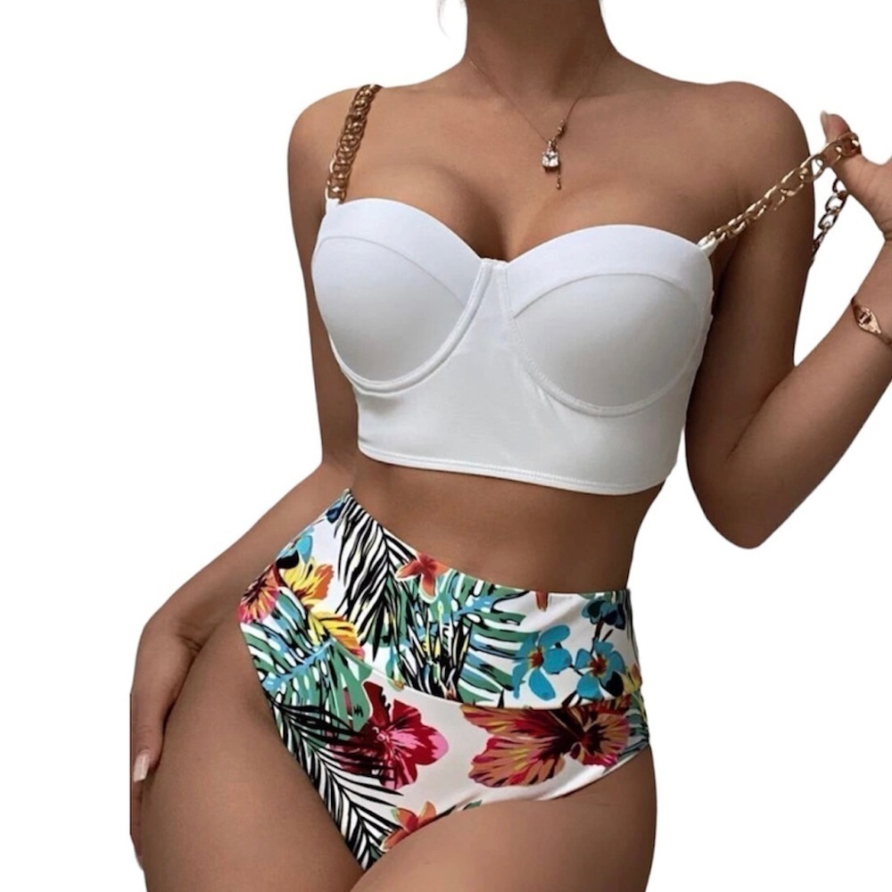 Tropical Print Chain Strap High Waist Bikini Swimsuit. New. - Picture 3 of 7